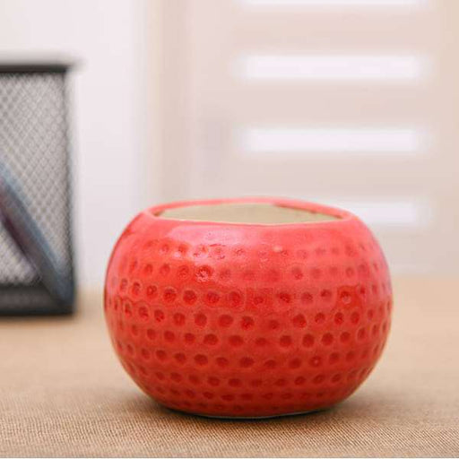 2.8 inch (7 cm) Dot Embossed Round Ceramic Pot (Red) (set of 2)
