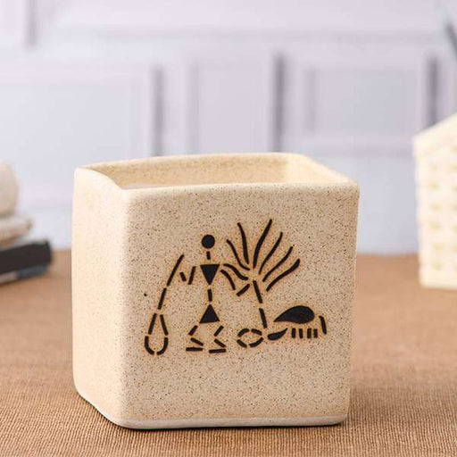 3.5 inch (9 cm) Warli Painting Marble Finish Square Box Ceramic Pot (Light Brown)