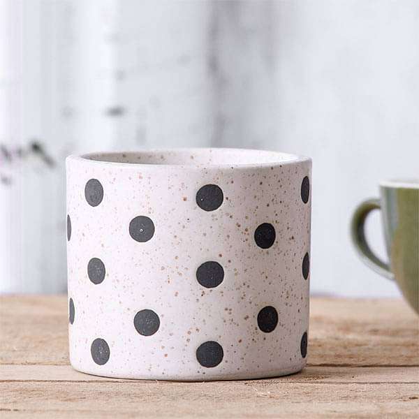 3.7 inch (9 cm) Polka Marble Finish Cylindrical Ceramic Pot (White) (set of 2)