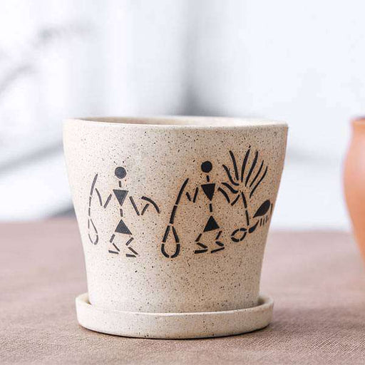 3.9 inch (10 cm) Warli Painting Marble Finish Round Ceramic Pot with Attached Plate (Light Brown)