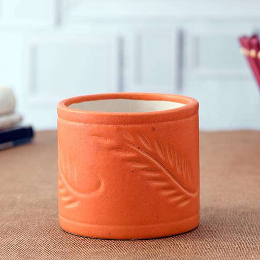 4.1 inch (10 cm) Grooved Pattern Cylindrical Ceramic Pot (Orange) (set of 2)