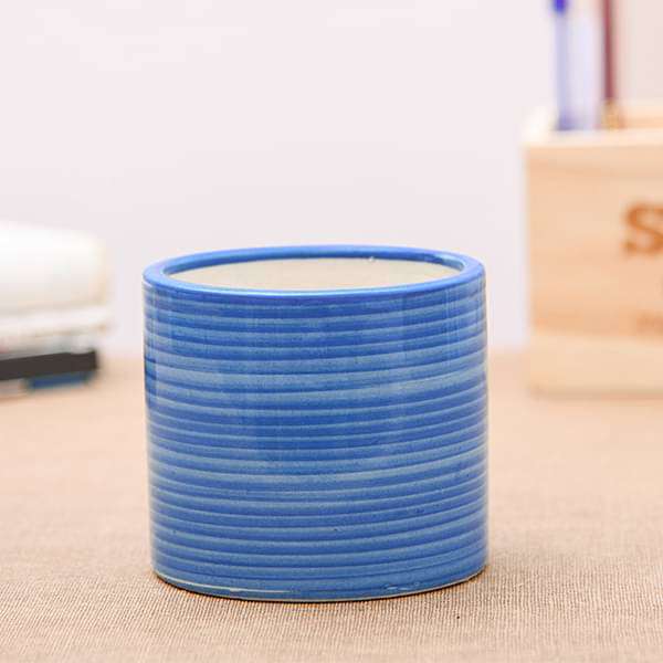 4.1 inch (10 cm) Ring Design Cylindrical Ceramic Pot (Blue)