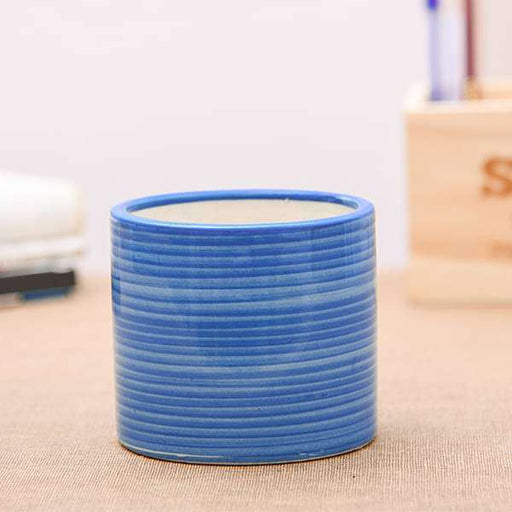 4.1 inch (10 cm) Ring Design Cylindrical Ceramic Pot (Blue)