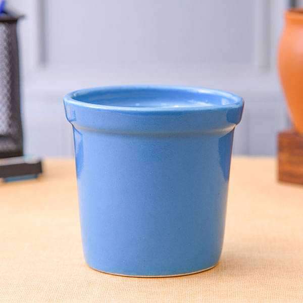 4.1 inch (10 cm) Round Ceramic Pot with Rim (Blue)
