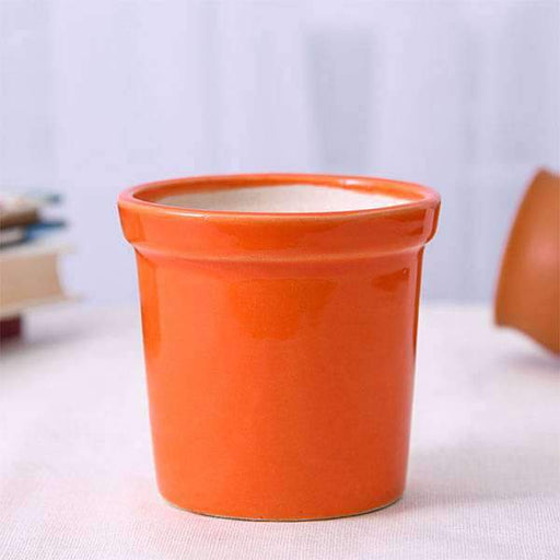 4.1 inch (10 cm) Round Ceramic Pot with Rim (Orange)