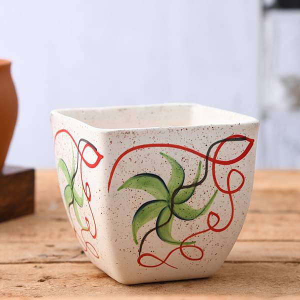 4.3 inch (11 cm) Painted Flower Marble Finish Square Cone Ceramic Pot with Rounded Edges (White) (set of 2)