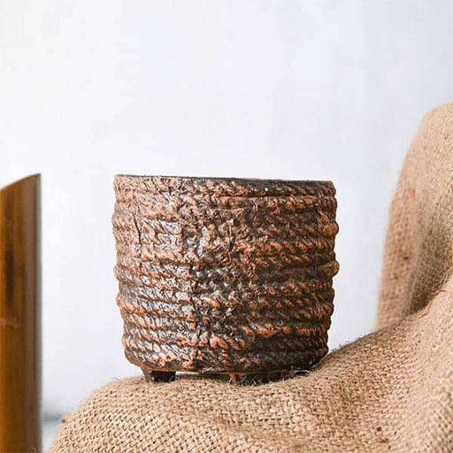 4.7 inch (12 cm) Rope Design Round Ceramic Pot (Brown)
