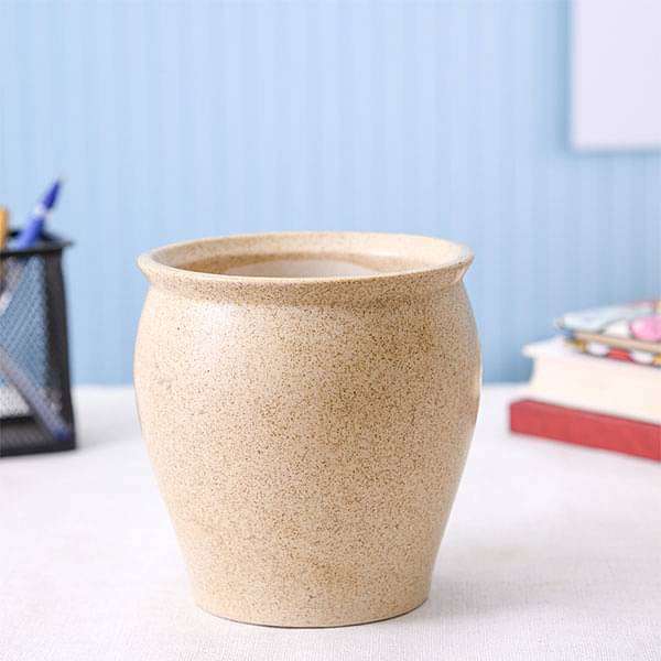 4.9 inch (12 cm) Matka Vase Marble Finish Round Ceramic Pot (Light Brown)