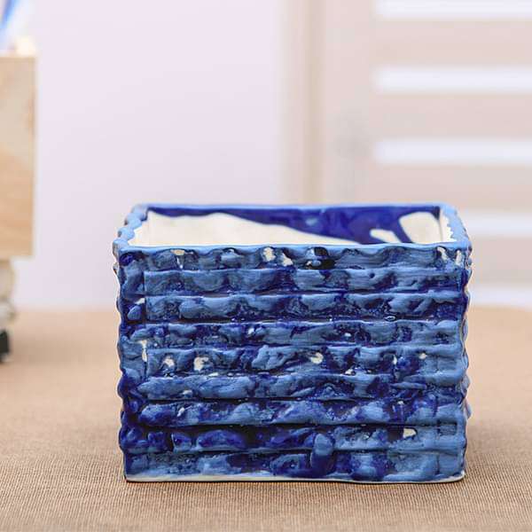 5.1 inch (13 cm) Wavy Pattern Rectangle Ceramic Pot (Blue) (set of 2)