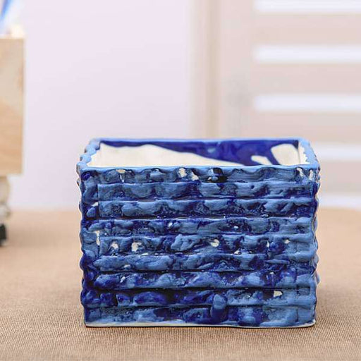 5.1 inch (13 cm) Wavy Pattern Rectangle Ceramic Pot (Blue) (set of 2)