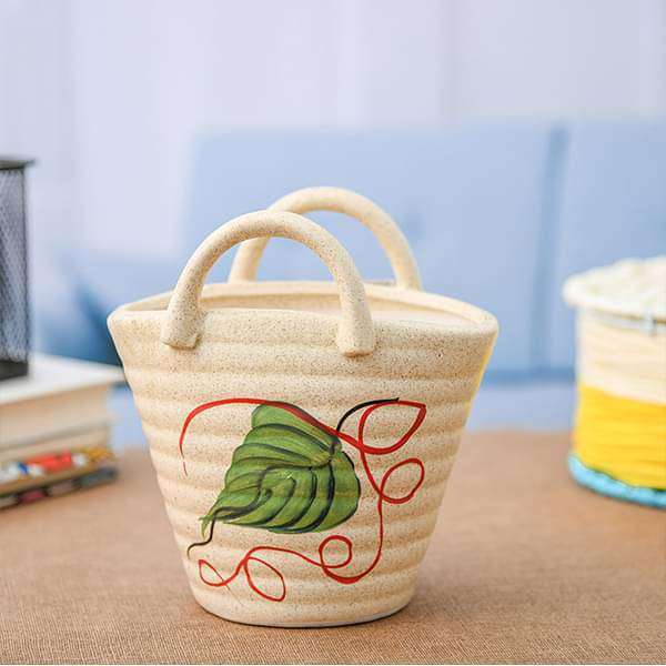5.9 inch (15 cm) Painted Bag Marble Finish Ceramic Pot (Light Brown)