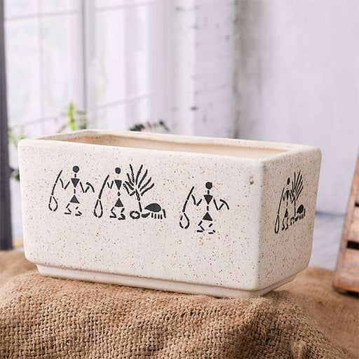 8.4 inch (21 cm) Warli Painting Marble Finish Rectangle Ceramic Pot (White)