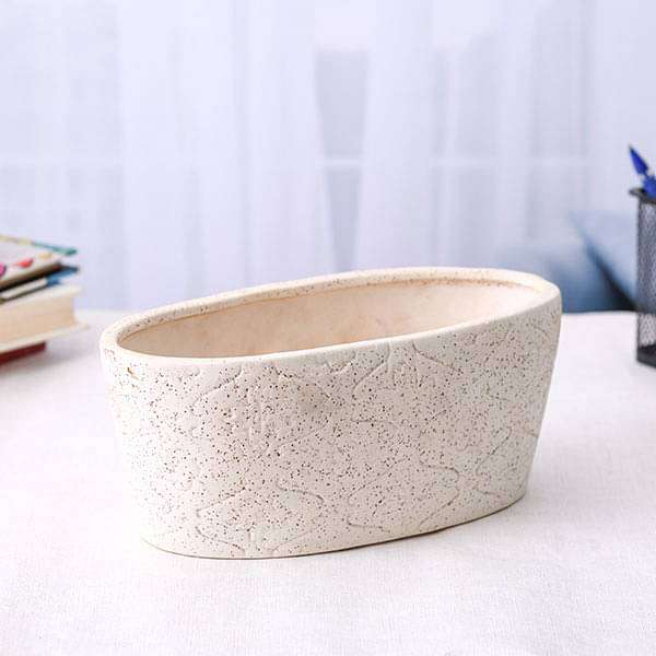 9.8 inch (25 cm) Embossed Marble Finish Oval Ceramic Pot (White)