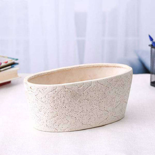9.8 inch (25 cm) Embossed Marble Finish Oval Ceramic Pot (White)